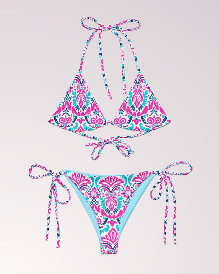 BOHO TRIBAL BIKINI - Pink & Blue Southwest Print Classic String Bikini Set Womens Swimwear with Sun Protection For Beach Vacation Pool Party