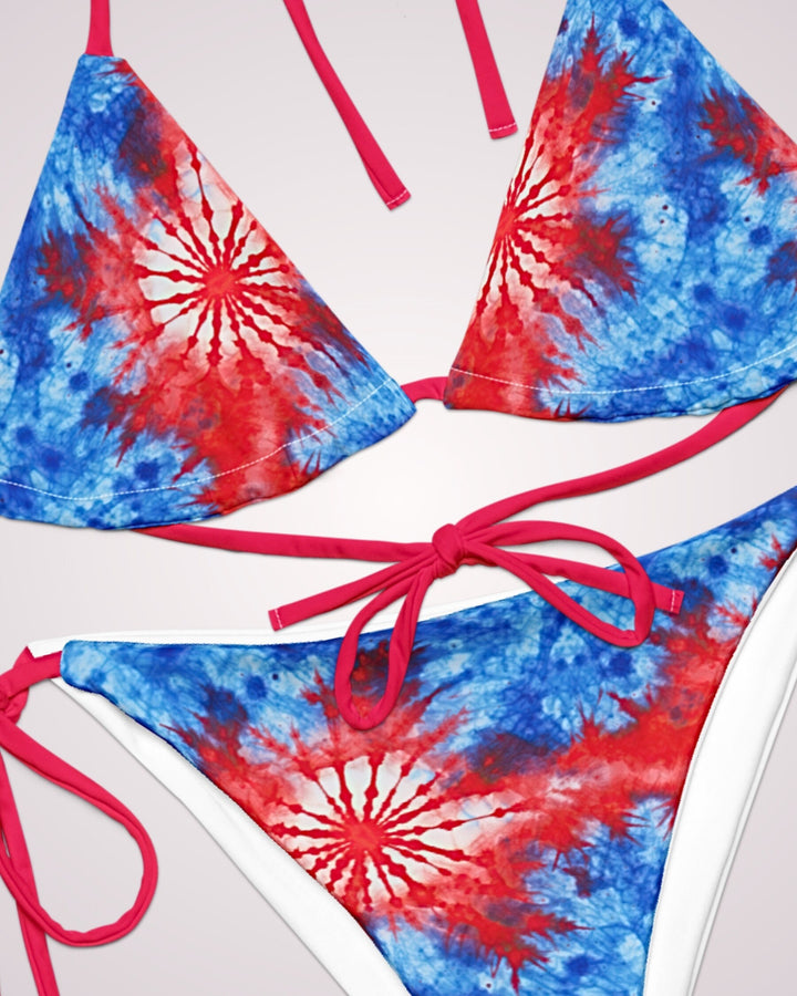 PATRIOTIC BIKINI - 4th of July Red White & Blue Tie Dye String Bikini Set Womens Swimwear with Sun Protection For Beach Vacation Pool Party