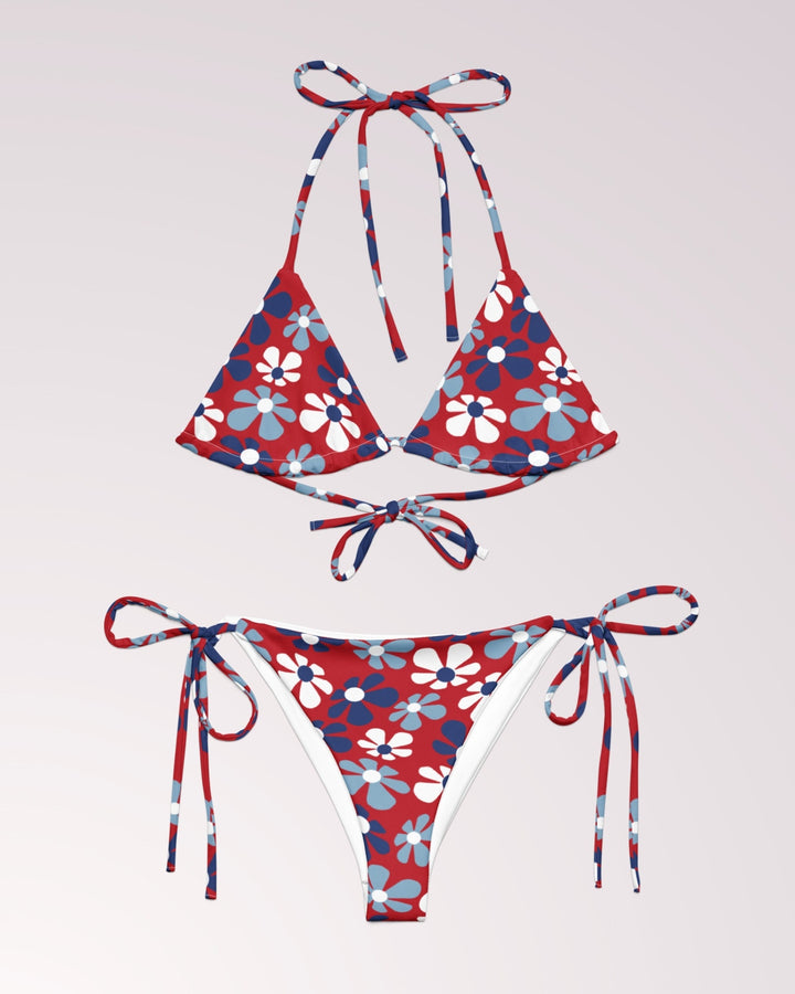 PATRIOTIC BIKINI - 4th of July Red White & Blue Classic String Bikini Set Womens Swimwear with Sun Protection For Beach Vacation Pool Party