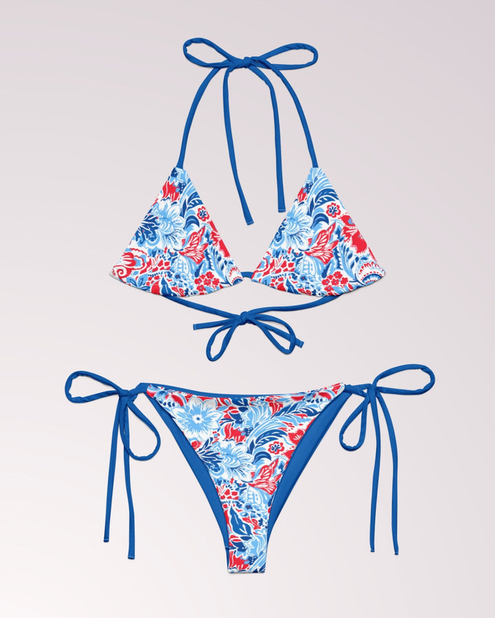 PATRIOTIC BIKINI - 4th of July Red White & Blue Classic String Bikini Set Womens Swimwear with Sun Protection For Beach Vacation Pool Party