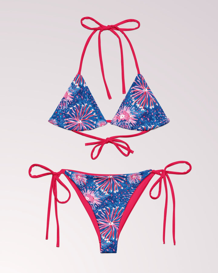 PATRIOTIC BIKINI - 4th of July Red White & Blue Classic String Bikini Set Womens Swimwear with Sun Protection For Beach Vacation Pool Party