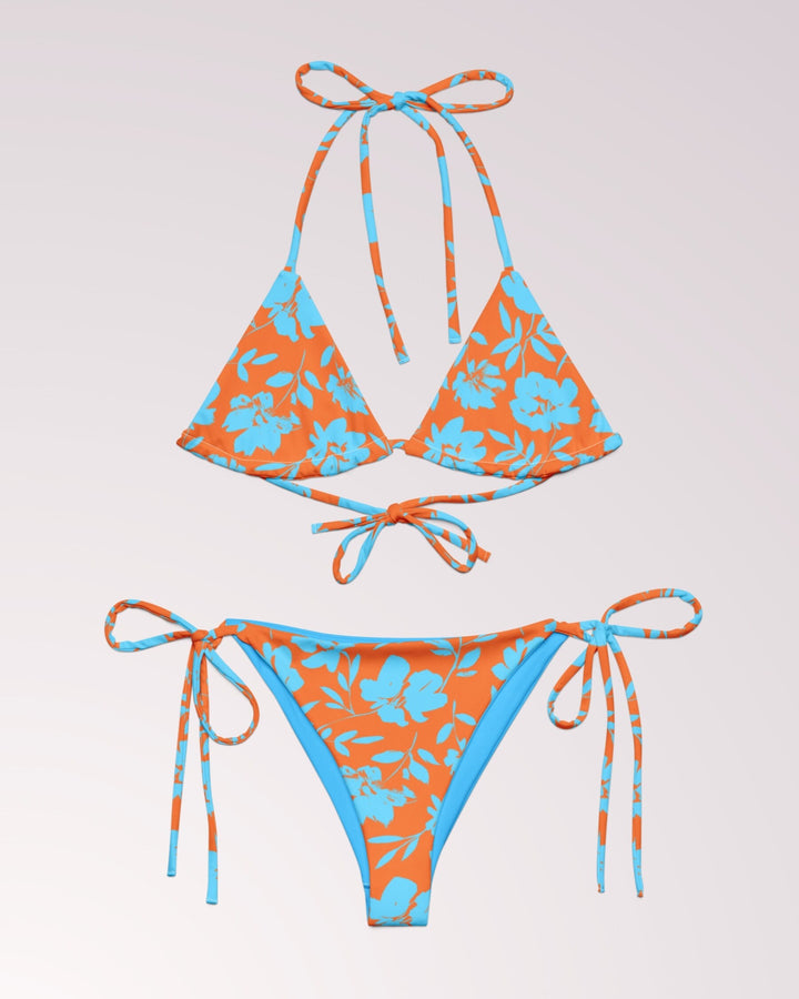 TROPICAL FLORAL BIKINI - Orange & Blue Classic String Bikini Set Womens Swimwear with Sun Protection For Beach Vacation Pool Party