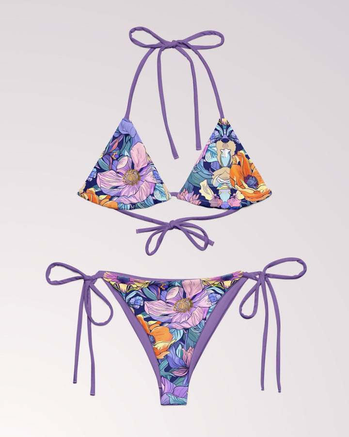 BOHO FLORAL BIKINI - Pink & Purple Flower Classic String Bikini Set Womens Swimwear with Sun Protection For Beach Vacation Pool Party