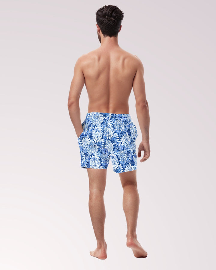 TROPICAL SWIM TRUNKS - Blue & White Floral Print Mens Lined Swim Trunks with Pockets and Sun Protection For Beach Vacation Pool Party