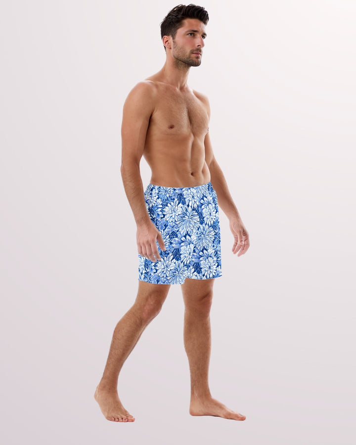 TROPICAL SWIM TRUNKS - Blue & White Floral Print Mens Lined Swim Trunks with Pockets and Sun Protection For Beach Vacation Pool Party