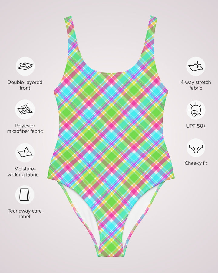 ONE PIECE SWIMSUIT - Colorful Plaid Print Womens Bathing Suit with Sun Protection Ladies Swim Wear For Beach Vacation Pool Party Swimming