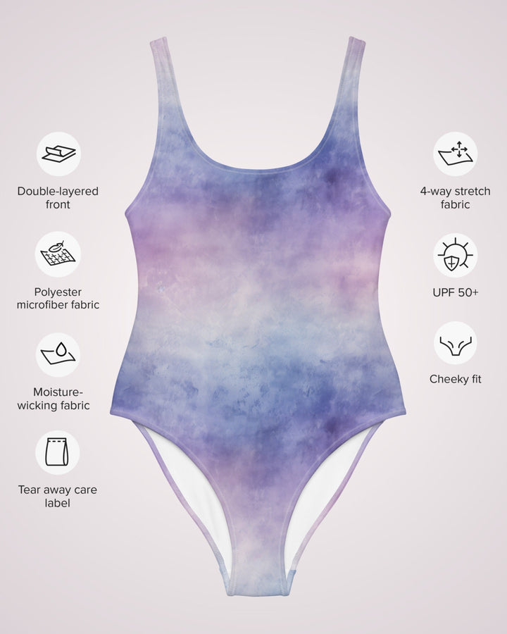 ONE PIECE SWIMSUIT - Purple Pink Tie Dye Print Womens Bathing Suit with Sun Protection Ladies Swim Wear Beach Vacation Pool Party Swimming