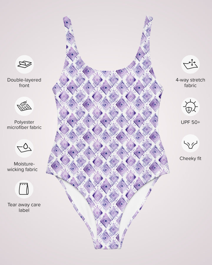 ONE PIECE SWIMSUIT - Purple Boho Tribal Print Women Bathing Suit with Sun Protection Ladies Swim Wear For Beach Vacation Pool Party Swimming