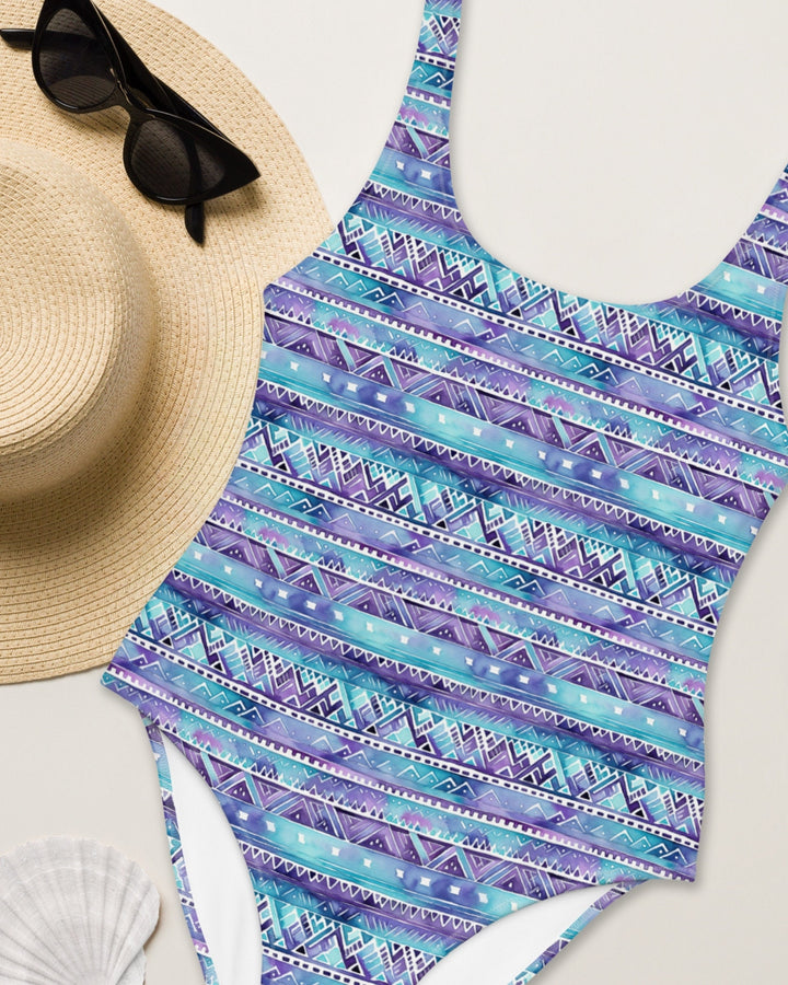 ONE PIECE SWIMSUIT - Purple Blue Boho Tribal Print Womens Bathing Suit Sun Protection Ladies Swim Wear Beach Vacation Pool Party Swimming