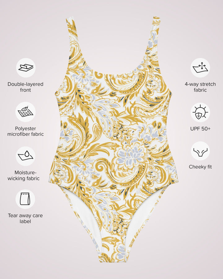 ONE PIECE SWIMSUIT - Gold & Periwinkle Paisley Print Womens Bathing Suit Sun Protection Ladies Swim Wear Beach Vacation Pool Party Swimming