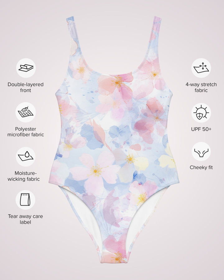 ONE PIECE SWIMSUIT - Pastel Watercolor Floral Print Womens Bathing Suit Sun Protection Ladies Swim Wear Beach Vacation Pool Party Swimming