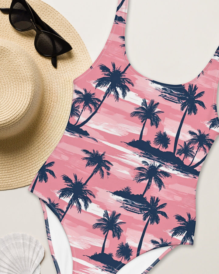 ONE PIECE SWIMSUIT - Pink Palm Trees Tropical Women Bathing Suit with Sun Protection Ladies Swim Wear For Beach Vacation Pool Party Swimming