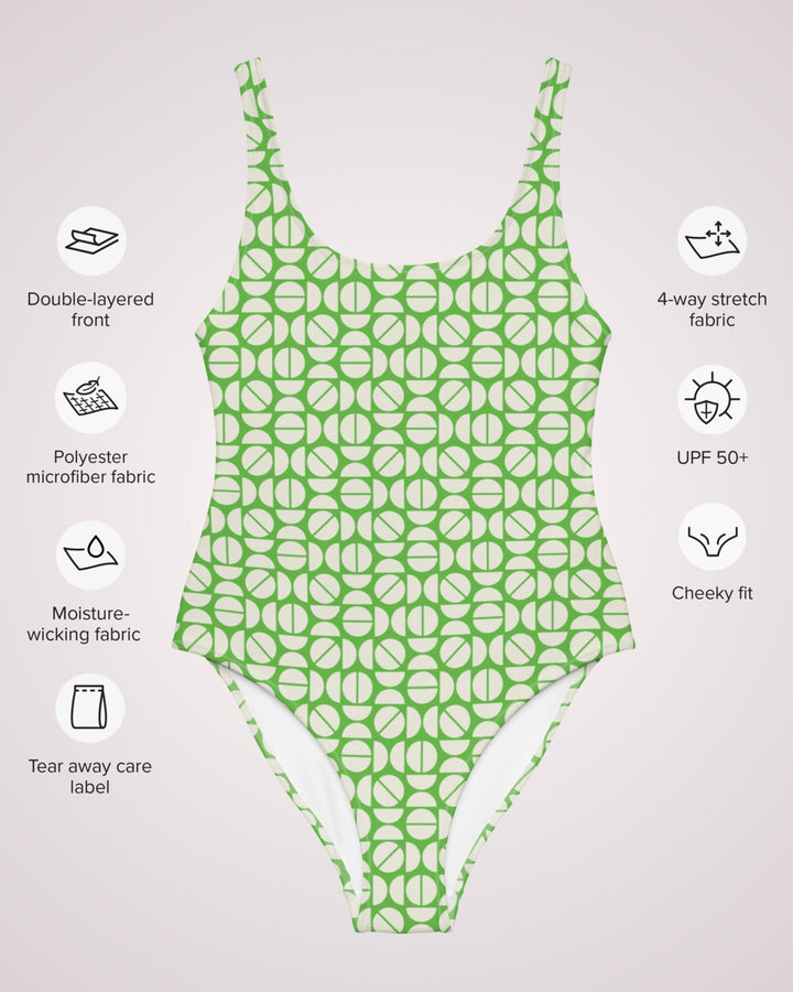 ONE PIECE SWIMSUIT - Green & White Retro Womens Bathing Suit with Sun Protection Ladies Swim Wear For Beach Vacation Pool Party Swimming