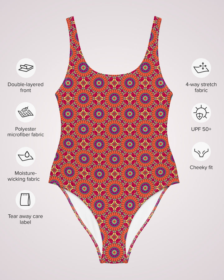 ONE PIECE SWIMSUIT - Red Purple Boho Tribal Womens Bathing Suit with Sun Protection Ladies Swim Wear For Beach Vacation Pool Party Swimming