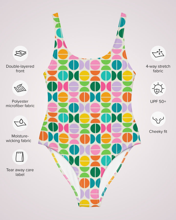 ONE PIECE SWIMSUIT - Colorful Geometric Retro Women Bathing Suit with Sun Protection Ladies Swim Wear For Beach Vacation Pool Party Swimming