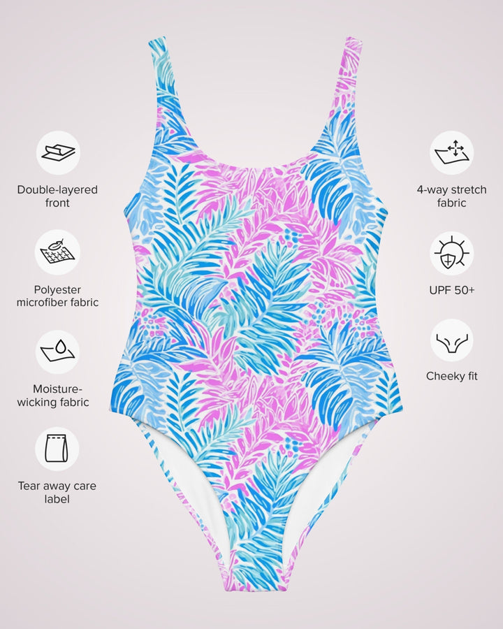 ONE PIECE SWIMSUIT - Blue & Pink Tropical Womens Bathing Suit with Sun Protection Ladies Swim Wear For Beach Vacation Pool Party Swimming