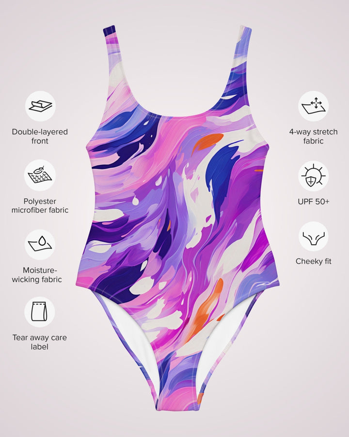 ONE PIECE SWIMSUIT - Pink & Purple Abstract Womens Bathing Suit with Sun Protection Ladies Swim Wear For Beach Vacation Pool Party Swimming