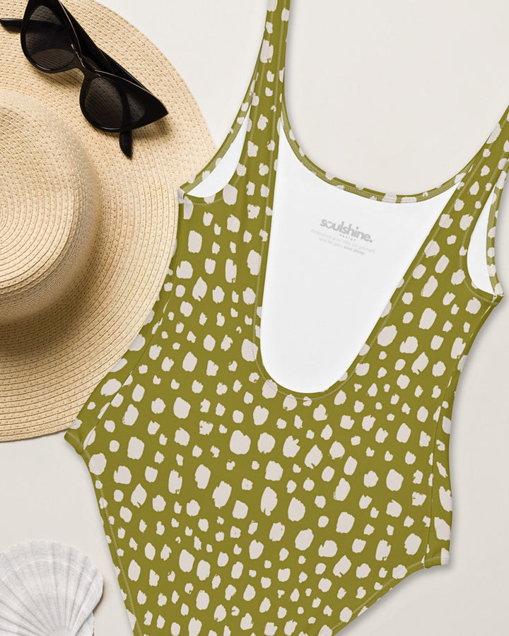 Womens One Piece Swimsuit - Green & White Polka Dot