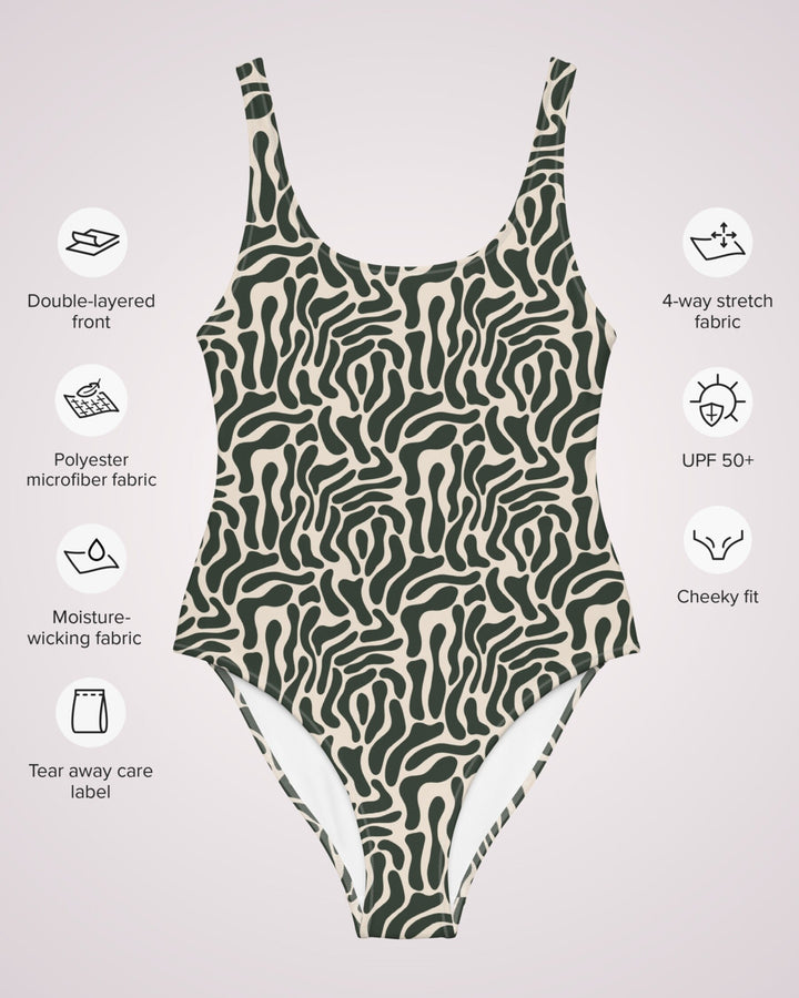 ONE PIECE SWIMSUIT - Black Cream Animal Print Women Bathing Suit with Sun Protection Ladies Swim Wear For Beach Vacation Pool Party Swimming