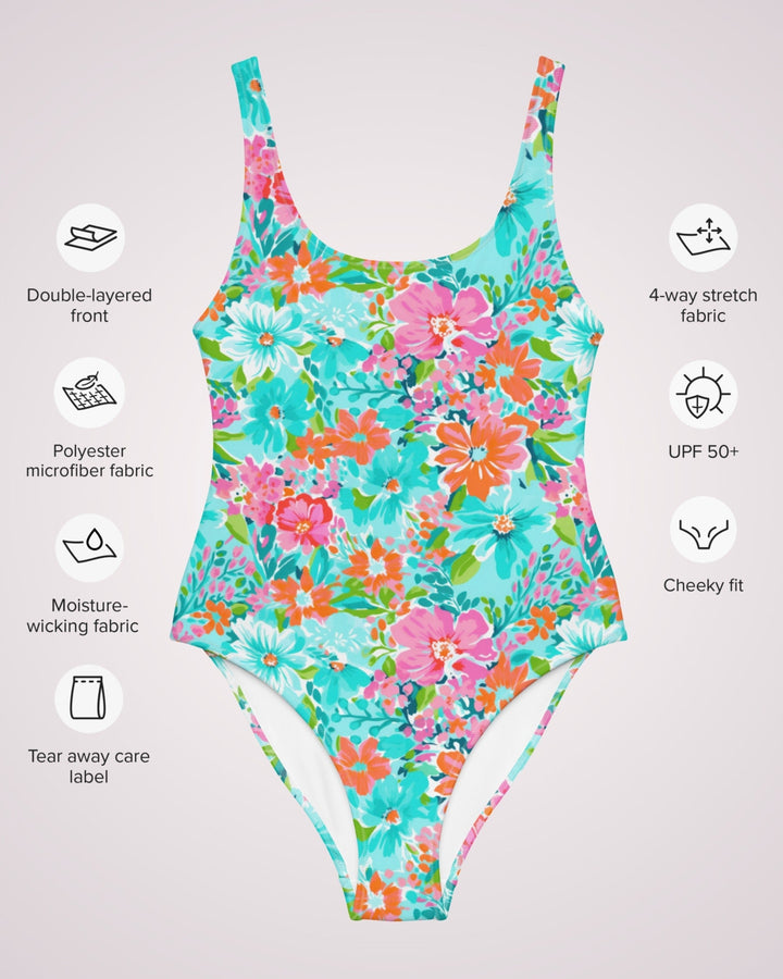 ONE PIECE SWIMSUIT - Tropical Floral Print Womens Bathing Suit with Sun Protection Ladies Swim Wear For Beach Vacation Pool Party Swimming