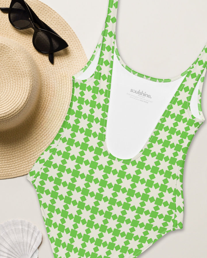 ONE PIECE SWIMSUIT - Retro Green White Checkered Womens Bathing Suit Sun Protection Ladies Swim Wear For Beach Vacation Pool Party Swimming