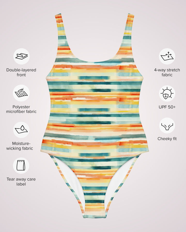 ONE PIECE SWIMSUIT - Stripe Abstract Print Womens Bathing Suit with Sun Protection Ladies Swim Wear For Beach Vacation Pool Party Swimming