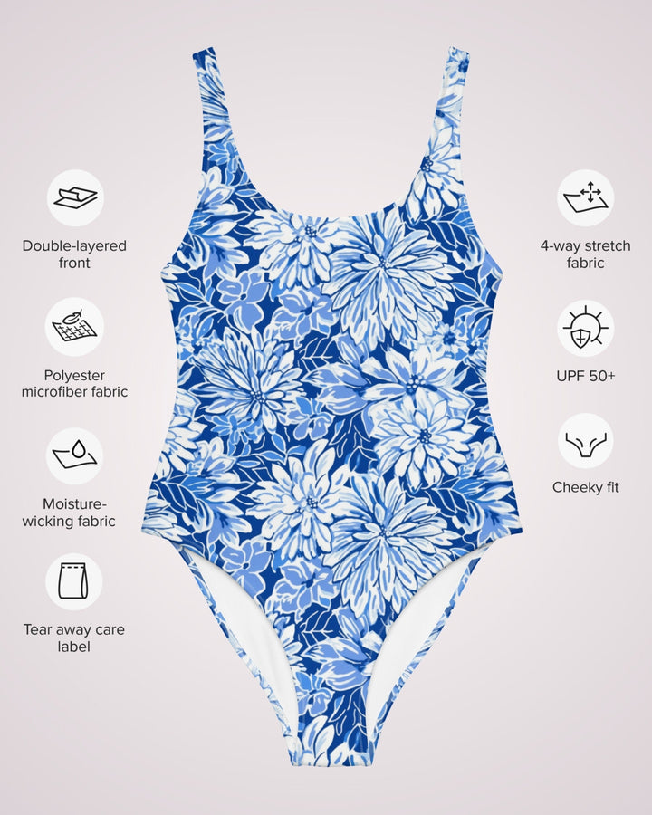 ONE PIECE SWIMSUIT - Blue White Tropical Floral Womens Bathing Suit with Sun Protection Ladies Swim Wear Beach Vacation Pool Party Swimming