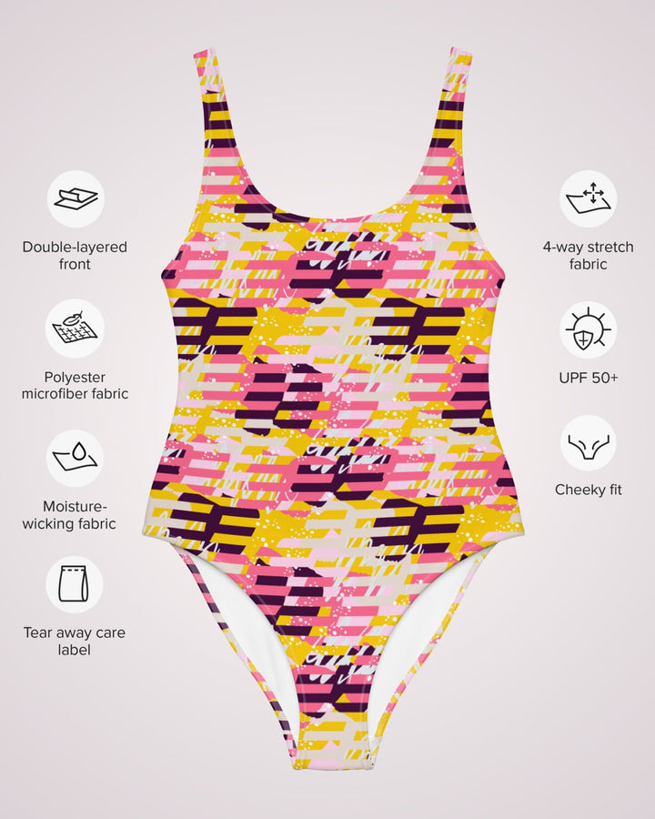 ONE PIECE SWIMSUIT - Pink Yellow Abstract Womens Bathing Suit with Sun Protection Ladies Swim Wear For Beach Vacation Pool Party Swimming