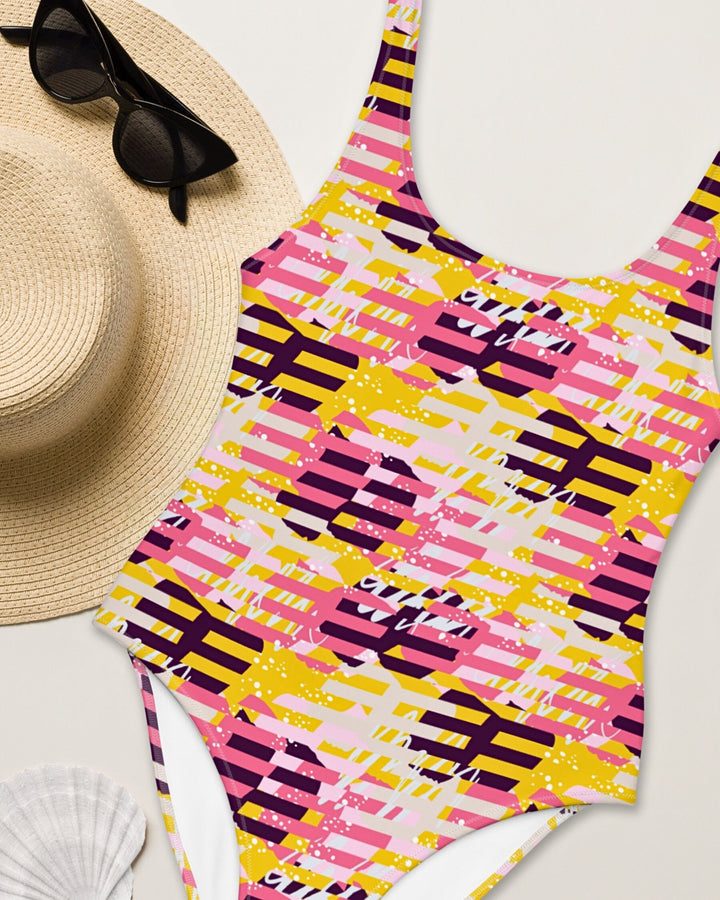 ONE PIECE SWIMSUIT - Pink Yellow Abstract Womens Bathing Suit with Sun Protection Ladies Swim Wear For Beach Vacation Pool Party Swimming