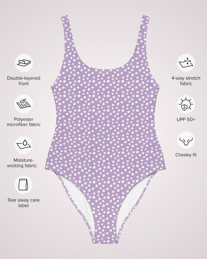 ONE PIECE SWIMSUIT - Light Purple Polka Dot Womens Bathing Suit with Sun Protection Ladies Swim Wear For Beach Vacation Pool Party Swimming