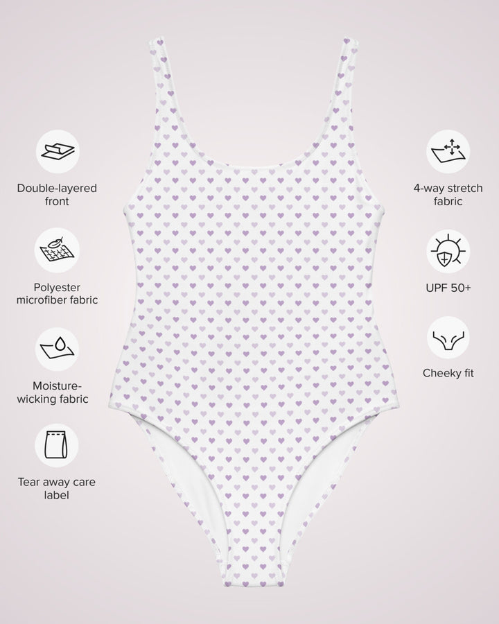 ONE PIECE SWIMSUIT - White Purple Hearts Womens Bathing Suit with Sun Protection Ladies Swim Wear For Beach Vacation Pool Party Swimming