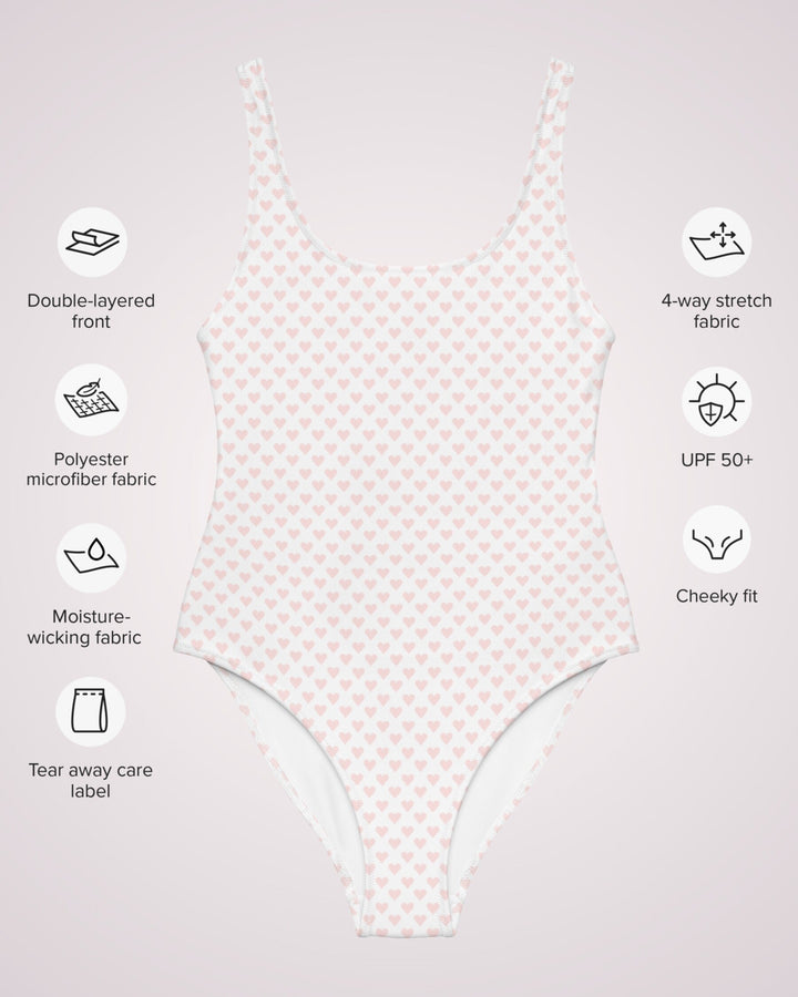 ONE PIECE SWIMSUIT - White Pink Heart Print Womens Bathing Suit with Sun Protection Ladies Swim Wear For Beach Vacation Pool Party Swimming