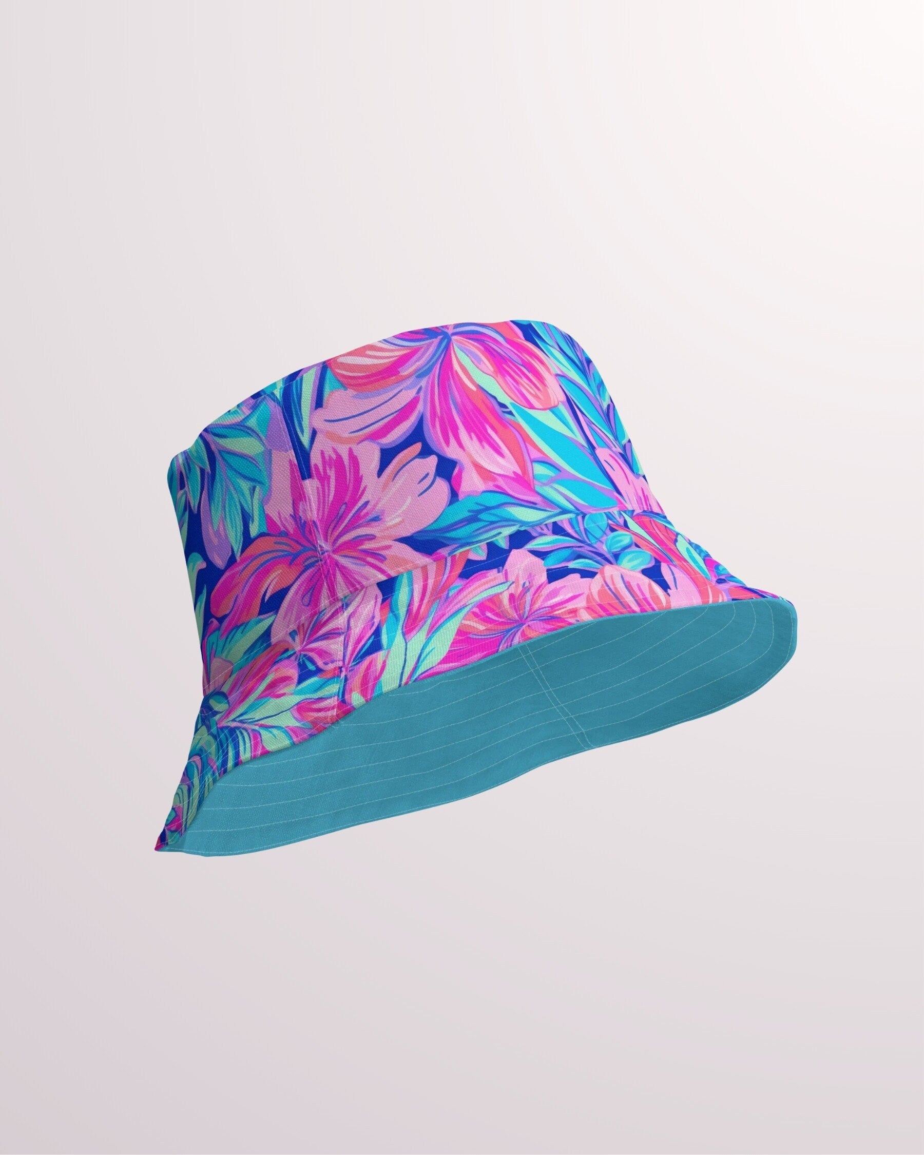 Tropical Floral Reversible Bucket Hat - Unisex Hat with Sun Protection for Beach Pool Party Vacation Travel Cruise, Hawaiian Print