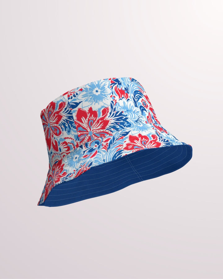 Floral Reversible Bucket Hat - Unisex Hat with Sun Protection for Beach Pool Party Vacation Travel Cruise, Red White & Blue Patriotic