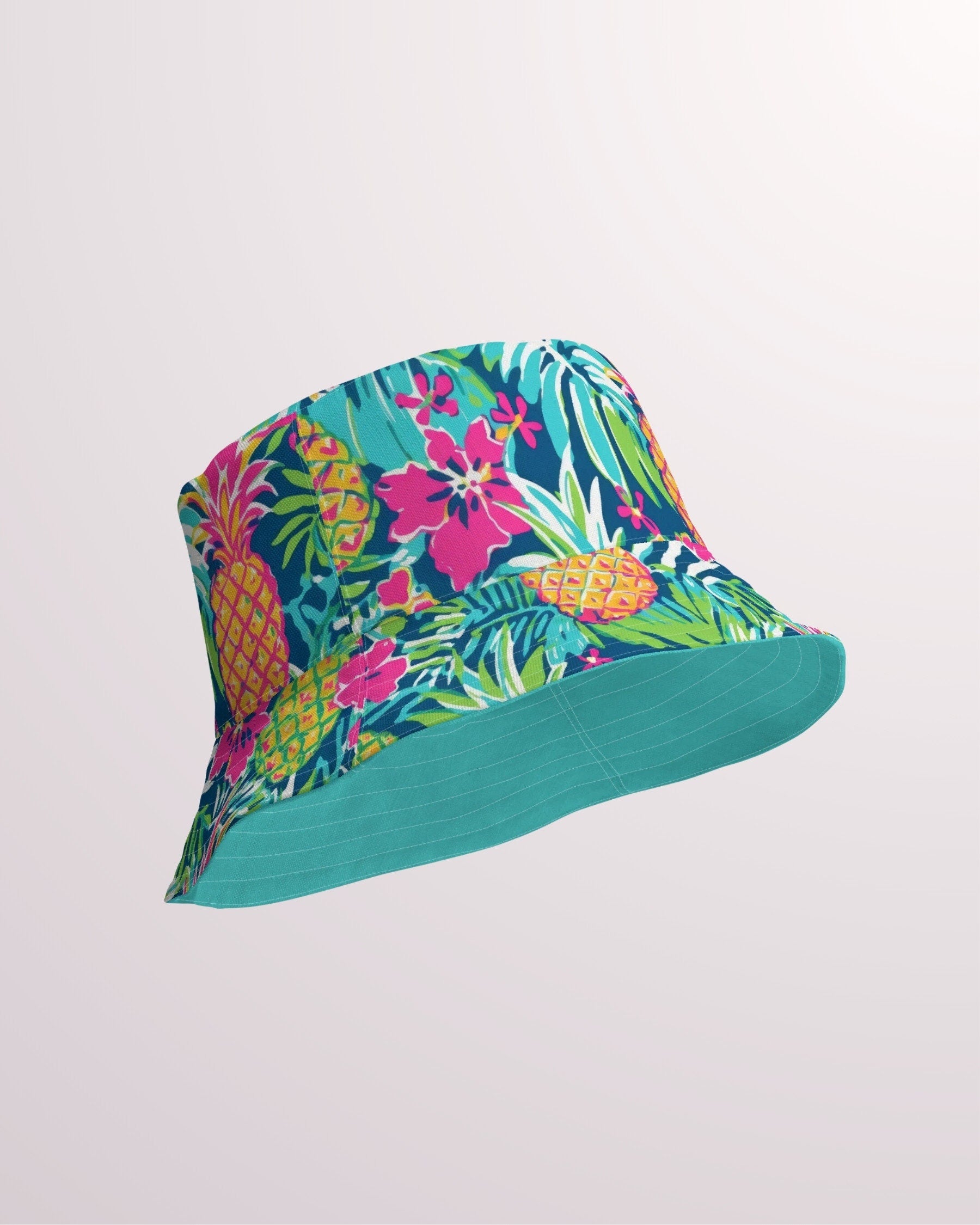 Pineapple Tropical Print Reversible Bucket Hat - Unisex Hat with Sun Protection for Beach Pool Party Vacation Travel Cruise, Fun Pattern Hat