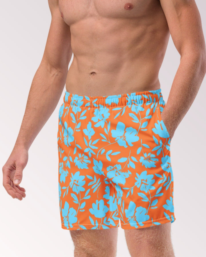 TROPICAL SWIM TRUNKS - Orange Blue Floral Mens Lined Swim Trunks with Pockets and Sun Protection For Beach Vacation Pool Party