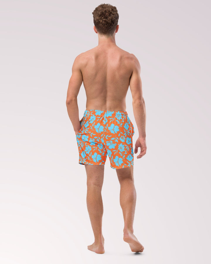 TROPICAL SWIM TRUNKS - Orange Blue Floral Mens Lined Swim Trunks with Pockets and Sun Protection For Beach Vacation Pool Party