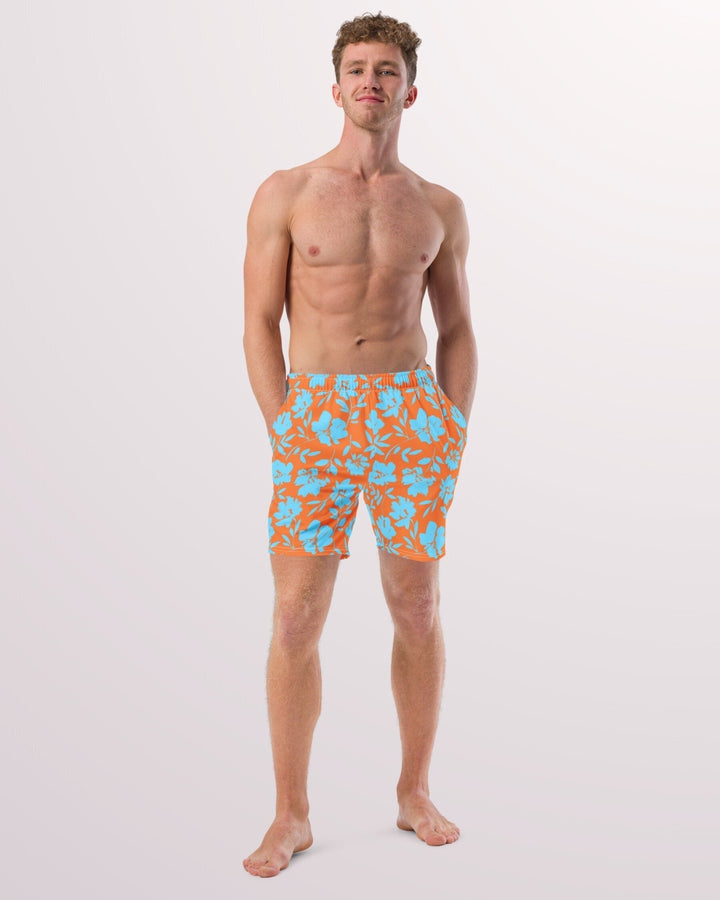 TROPICAL SWIM TRUNKS - Orange Blue Floral Mens Lined Swim Trunks with Pockets and Sun Protection For Beach Vacation Pool Party