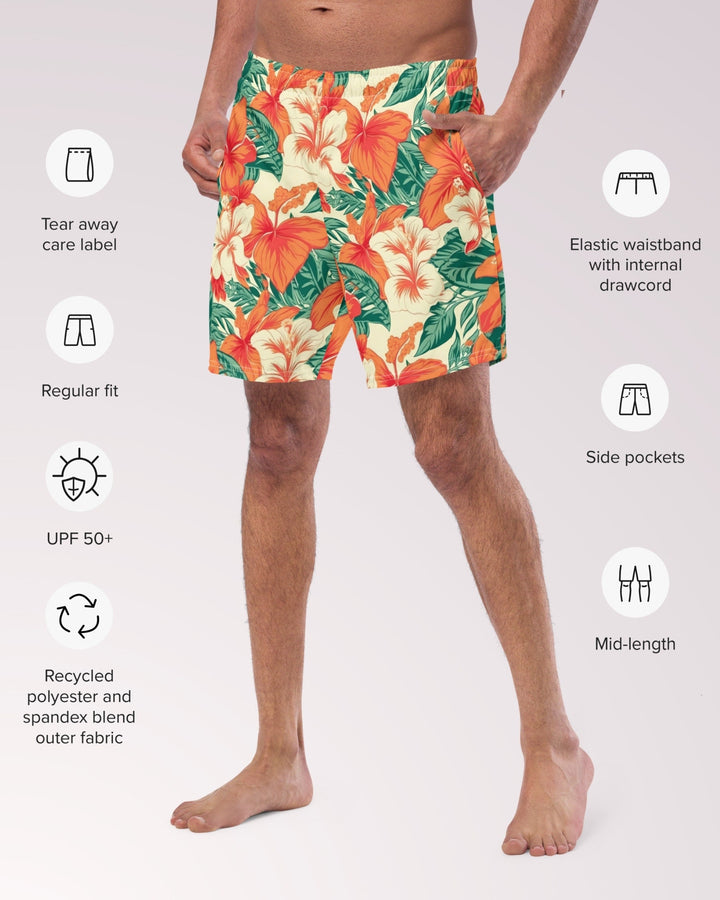 TROPICAL SWIM TRUNKS - Orange Hibiscus Hawaiian Floral Mens Lined Swim Trunks with Pockets Sun Protection For Beach Vacation Pool Party