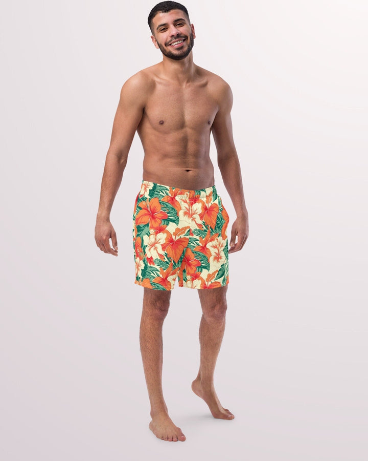 TROPICAL SWIM TRUNKS - Orange Hibiscus Hawaiian Floral Mens Lined Swim Trunks with Pockets Sun Protection For Beach Vacation Pool Party