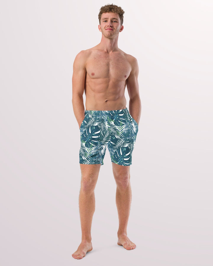 TROPICAL SWIM TRUNKS - Dark Green Teal Palm Leaves Print Mens Lined Swim Trunks with Pockets Sun Protection For Beach Vacation Pool Party