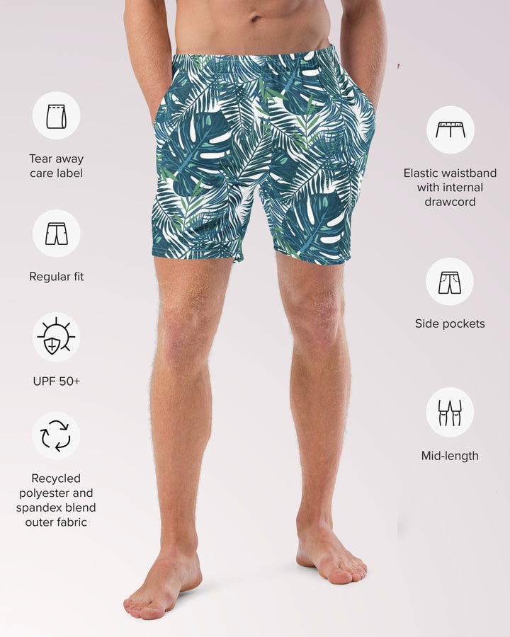 TROPICAL SWIM TRUNKS - Dark Green Teal Palm Leaves Print Mens Lined Swim Trunks with Pockets Sun Protection For Beach Vacation Pool Party