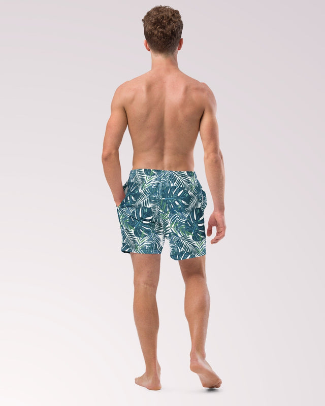 TROPICAL SWIM TRUNKS - Dark Green Teal Palm Leaves Print Mens Lined Swim Trunks with Pockets Sun Protection For Beach Vacation Pool Party