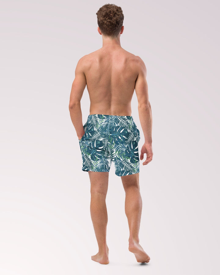 TROPICAL SWIM TRUNKS - Dark Green Teal Palm Leaves Print Mens Lined Swim Trunks with Pockets Sun Protection For Beach Vacation Pool Party