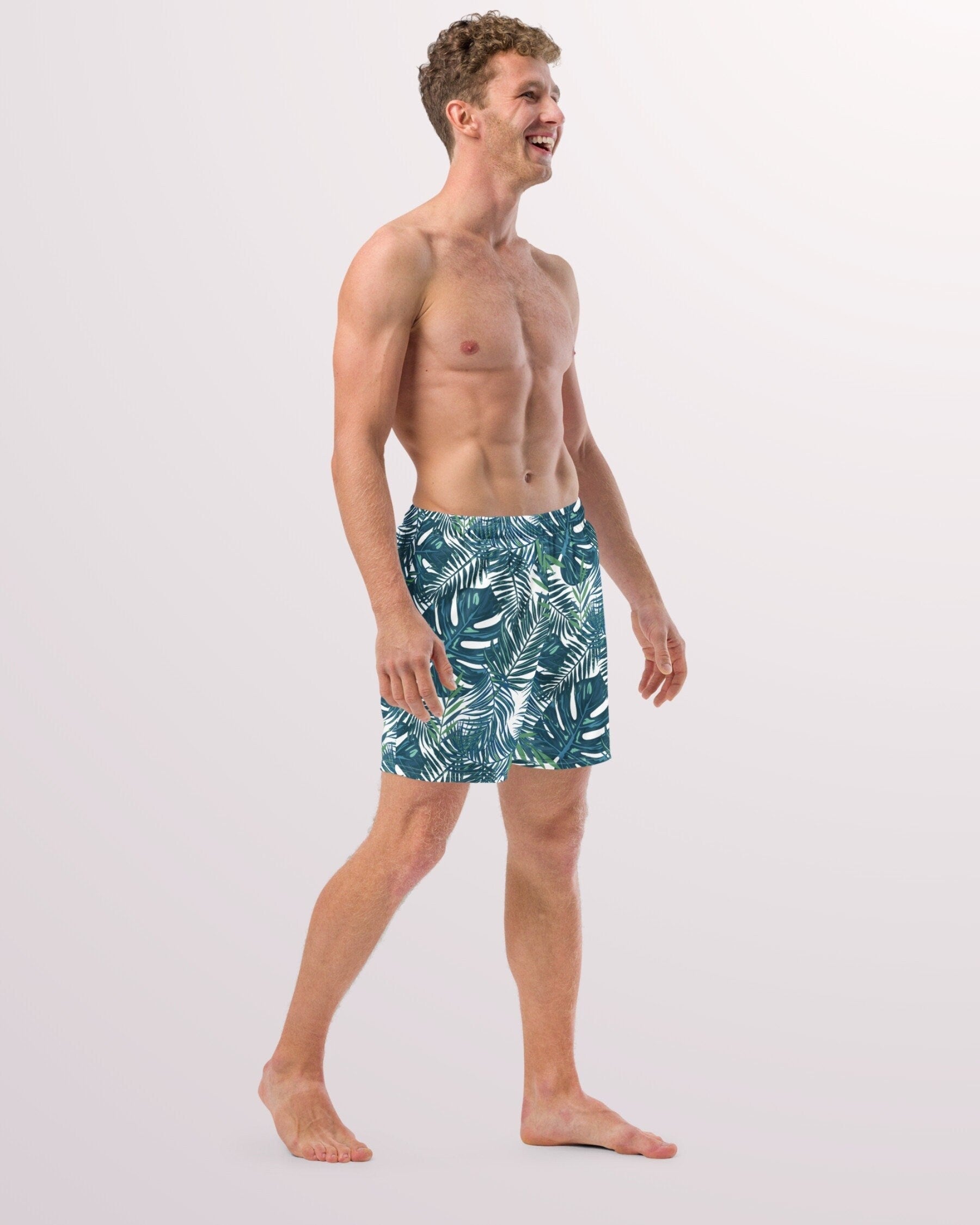 TROPICAL SWIM TRUNKS - Dark Green Teal Palm Leaves Print Mens Lined Swim Trunks with Pockets Sun Protection For Beach Vacation Pool Party