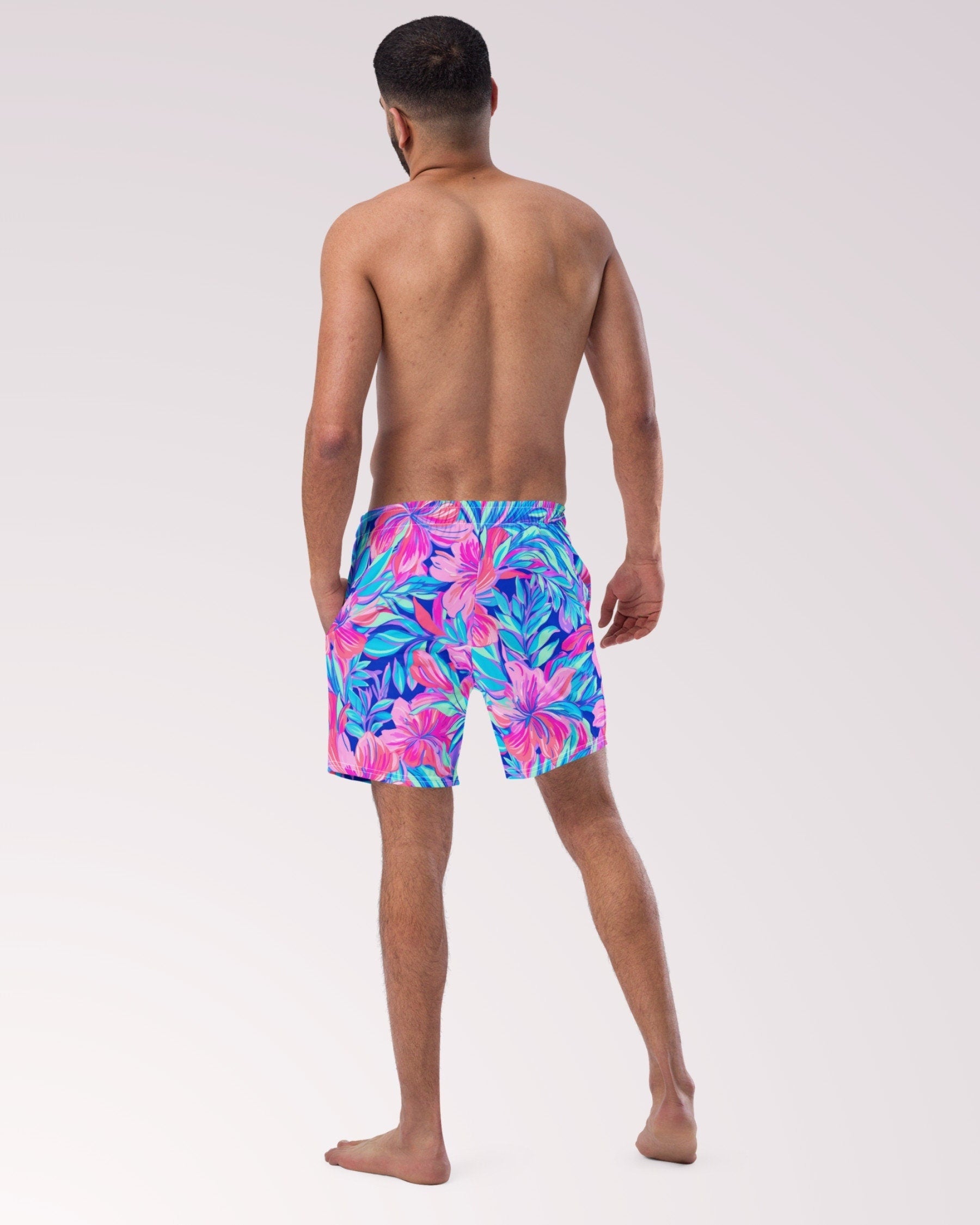 TROPICAL SWIM TRUNKS - Pink & Blue Floral Print Mens Lined Swim Trunks with Pockets and Sun Protection For Beach Vacation Pool Party