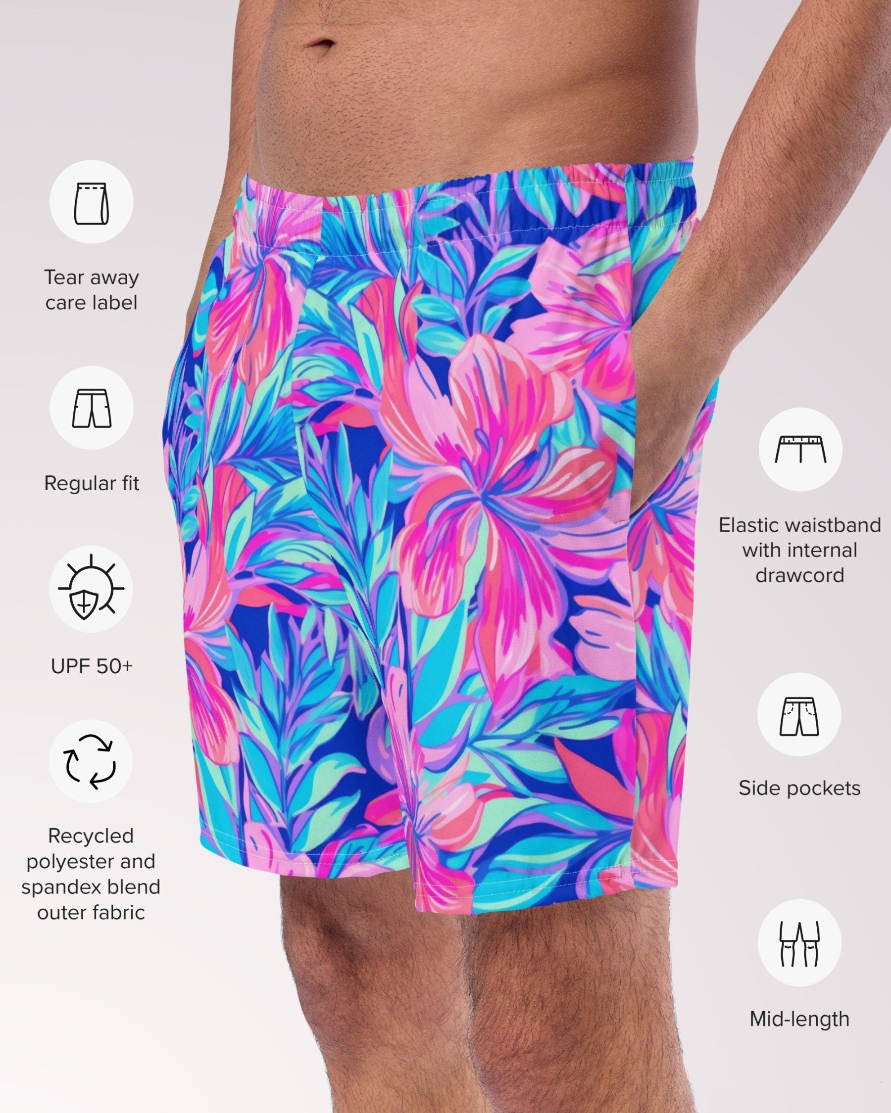 TROPICAL SWIM TRUNKS - Pink & Blue Floral Print Mens Lined Swim Trunks with Pockets and Sun Protection For Beach Vacation Pool Party