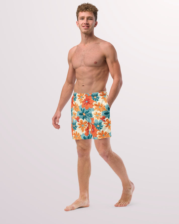 RETRO SWIM TRUNKS - Orange & Teal Floral Print Mens Lined Swim Trunks with Pockets and Sun Protection For Beach Vacation Pool Party