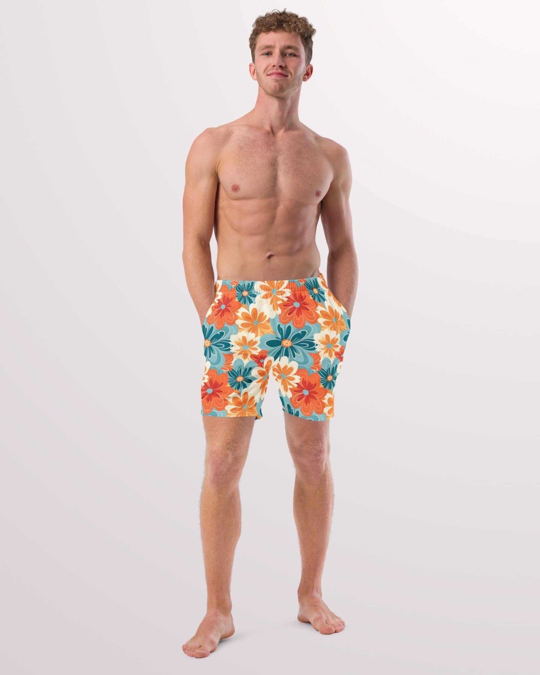 RETRO SWIM TRUNKS - Orange & Teal Floral Print Mens Lined Swim Trunks with Pockets and Sun Protection For Beach Vacation Pool Party