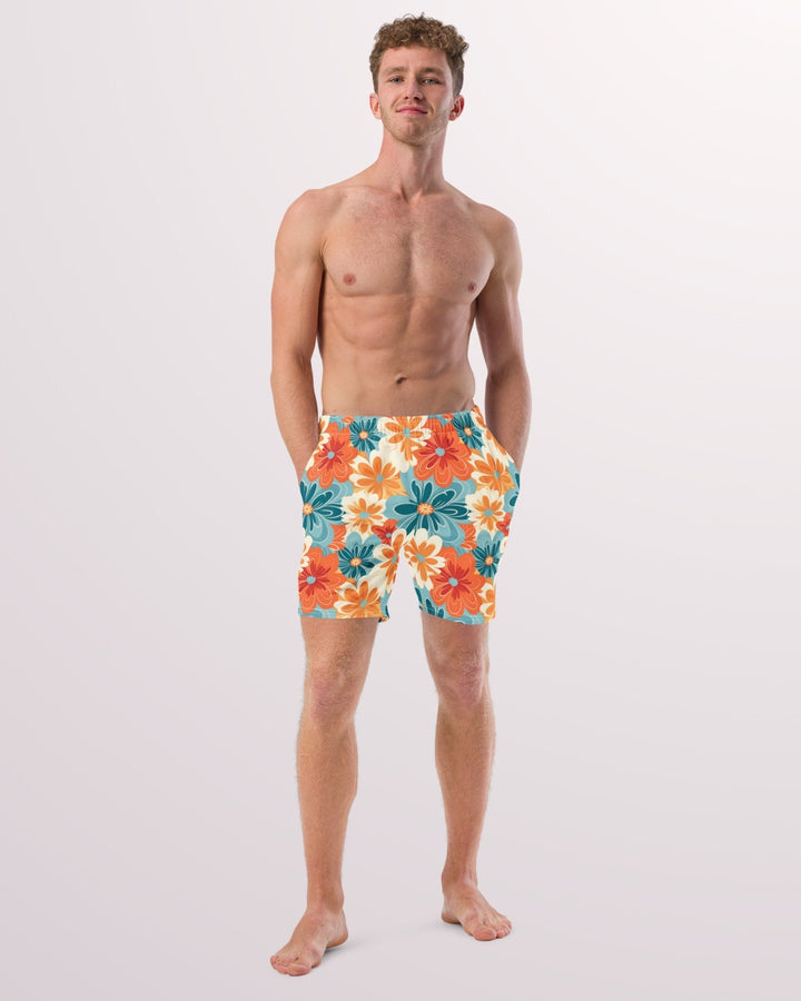 RETRO SWIM TRUNKS - Orange & Teal Floral Print Mens Lined Swim Trunks with Pockets and Sun Protection For Beach Vacation Pool Party